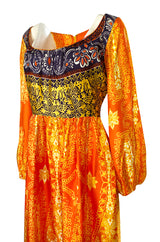 1960s Lucie Ann Silky Rayon Bright Orange Scarf Print Caftan Hostess Dress