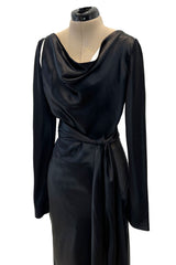 Incredible 2007 Alexander McQueen Original Bias Cut Black Silk Satin Dress w Tie Belt