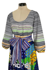 Numbered 1970s Lanvin by Jules-Francois Crahay Stripe & Flower Balloon Sleeve Dress