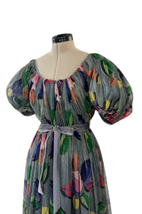 Extraordinary 1940s French Couture Floral Print Pale Blue Grey Net Dress w Original Underdress