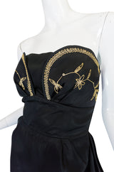 1950s Embroidered Strapless Slipper Satin Dress