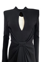 2010s Balmain Black Jersey Dress w Strong Shoulders, Front Knot & Keyhole