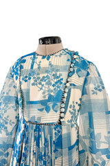 Prettiest 1960s Jean Varon Blue Floral Print Dress w Elaborate Pleating Detail