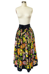 1960s Hand Painted Sequin Bright Floral Print Cotton Mexican Skirt