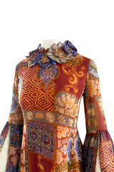 Spectacular 1960s Tina Leser Original  Printed Silk Voile Extra Long Angel Sleeve Dress