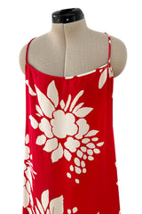Late 1970s James Galanos Graphic Red & White Silk Crepe Dress w High Side Silt