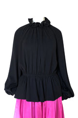 Fall 1977 Bill Blass Couture Full Pink Silk Satin Skirt & Black Top Dress Set