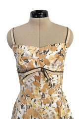 Rare 1960s Jane Derby by Oscar de la Renta Floral Print Dress w Ribbon & Bubble Skirt Detail