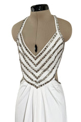 Stellar 1970s Luis Estevez Backless White Jersey Dress w Silver Studded Front
