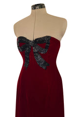 Gorgeous 1980s Oscar de la Renta Black Beaded Bow Dress in a Rich Ruby Red Velvet
