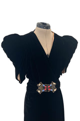 Incredible 1930s Black Silk Velvet Wrap Bias Cut Dress w Elaborate Metal & Bead Belt