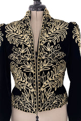 Exceptional 1980s Oscar de la Renta Black Velvet & Metallic Gold Cord Applique Jacket