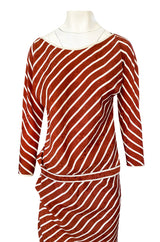 1980s Oscar de la Renta Rust and White Striped Silk Top & Skirt Set
