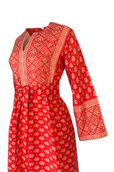 Lovely 1960s Red & White Print Indian Cotton Caftan Dress