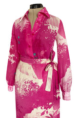 Gorgeous 1970s Hanae Mori Pink Scenic Print Wrap Skirt & Button Down Top Set
