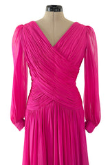 Gorgeous 1980s Richeline 'Valentino' Pink Silk Chiffon Dress w Full Sleeves & Plunge Front