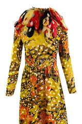 Famous 1971 Bill Blass Vogue Featured Yellow Chenille & Silk Maxi Dress w Elaborate Feather Collar
