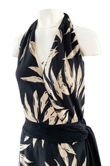 Gorgeous 1980s Valentino Haute Couture Black & Ivory Silk Print Plunging Halter Dress