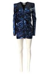 Fall 2017 Yves Saint Laurent Blue Patent Leather Ruffled Runway Dress