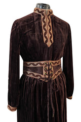 Late 1960s Oscar de la Renta Deep Brown Flat Velvet & Brocade Dress w Slit Sleeves & Lace Belt