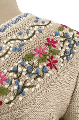 Wonderful 1980s Wolkenstricker Natural Linen Flax Colour Hand Knit Cardigan Sweater w Floral Details