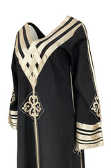 1960s Josefa Black Cotton, Gold Ribbon & Hand Embroidered Caftan Dress