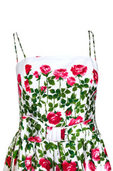 1960s Unlabeled Pink & Green Floral Print on White Cotton Dress