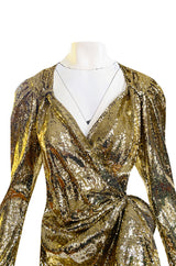 Exclusive 2018 Attico for Luisaviaroma Gold Sequin Wrapped Plunging Mini Dress
