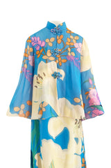 Extraordinary 1970s Hanae Mori Couture Pastel Turquoise Floral Print Silk Chiffon Dress & Jacket