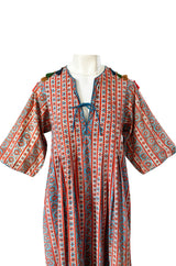 1970s Treacy Lowe Printed Cotton Caftan Dress w Tassel Bead Trimming