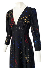 Incredible 1970s Pauline Trigere Hand Painted & Sequin Detailed Dress