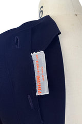Wonderful 1940s Deep Blue Silk Top w Button Back, Front White Insets & Open Cut Work