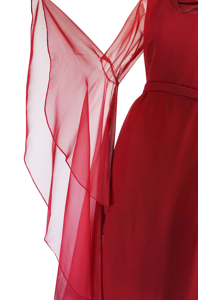 1960s Angel Sleeve Deep Burgundy Chiffon Dress