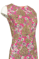 1960s Kiki Hart Silver, Gold & Pink Silk Brocade Dress w Rhinestone Detailing