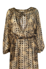 1970s Holly's Harp Silk Ribbon Chiffon Taupe & Black Print Dress