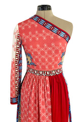 Cutest 1970s Paganne One Shoulder Red Pink & Blue Printed Jersey Dress w Swingy Skirt