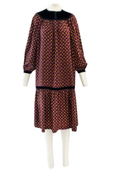 Fall 1977 Yves Saint Laurent Pretty Floral Printed Silk Smock Dress w Velvet Detailing