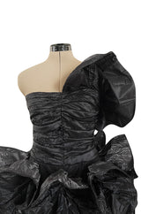 Incredible Fall 1985 Christian Dior by Marc Bohan Black Silk Taffeta Dress w Extravagant Ruffles