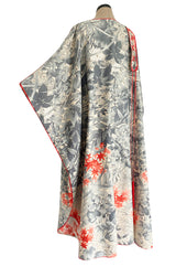 1970s Jean Varon Floral Printed Pale Blue Grey & Red Caftan w Red Piping & Long Tassel Details