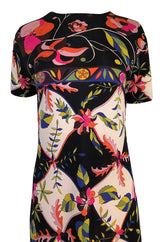 1960s Emilio Pucci Unusual Bright Floral & Black Print Silk Jersey Dress