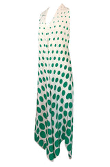 c.1972 Pauline Trigere Graduated Green Dots on Bias Cut Silk Dress
