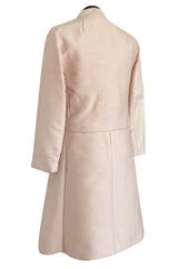 Late 1960s Malcolm Starr Butterfly Embroidered Collar Pale Pink Silk Shift Dress & Jacket Set