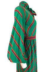 1970s Pauline Trigere Green Striped Silk Dress w Unusual Sleeves