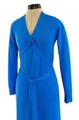 Documented Fall 1977 Halston Cashmere Sky Blue Dress w Extra Long Attached Wrap Ties