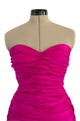 1980s Loris Azzaro Strapless Pink Silk Taffeta Mini Dress w Bustled Three Bow Back