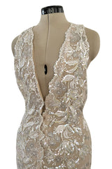 Feather Light Spring 1984 John Anthony Couture Plunging Ivory Lace Dress w Sequin Detailing