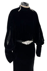 Stunning 1930s Black Bias Cut Silk Velvet Dress w Rhinestone Detail & Brilliant Belt