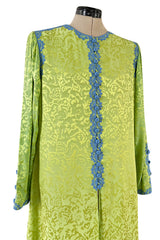 1980s Oscar de la Renta Green Silk Blue Trim Caftan Dress or Evening Coat