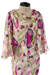 Spectacular 1930s Pink Tulip Printed Bias Cut Silk Chiffon Floral Print Dress w Caped Back