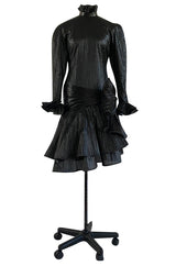 1980s Salvadori Albani Couture Black Textured Silk Lame & Plisse Finish Drop Waist Dress